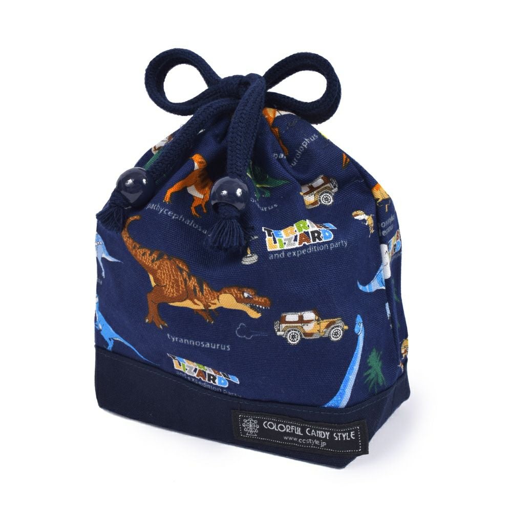 巾着　小　コップ袋(ネームタグ付き)　発見!探検!恐竜大陸(ネイビー) × オックス・紺_1