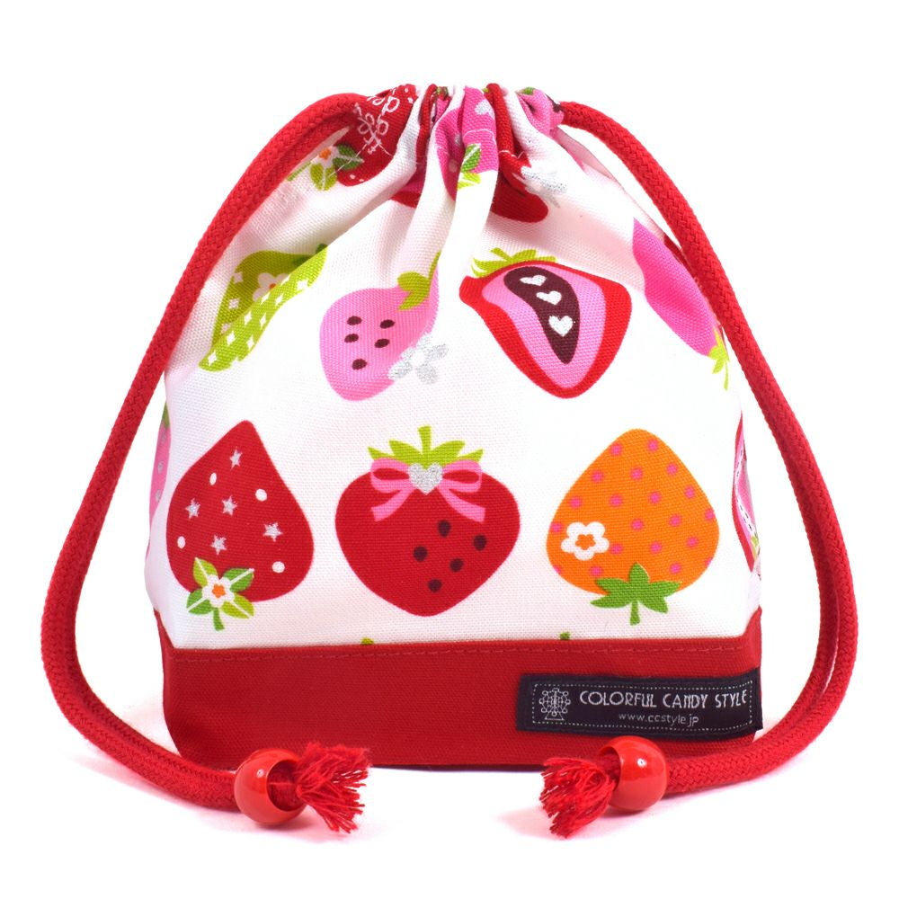 巾着　小　コップ袋(ネームタグ付き)　スイートストロベリーコレクション(アイボリー)×オックス・赤_1